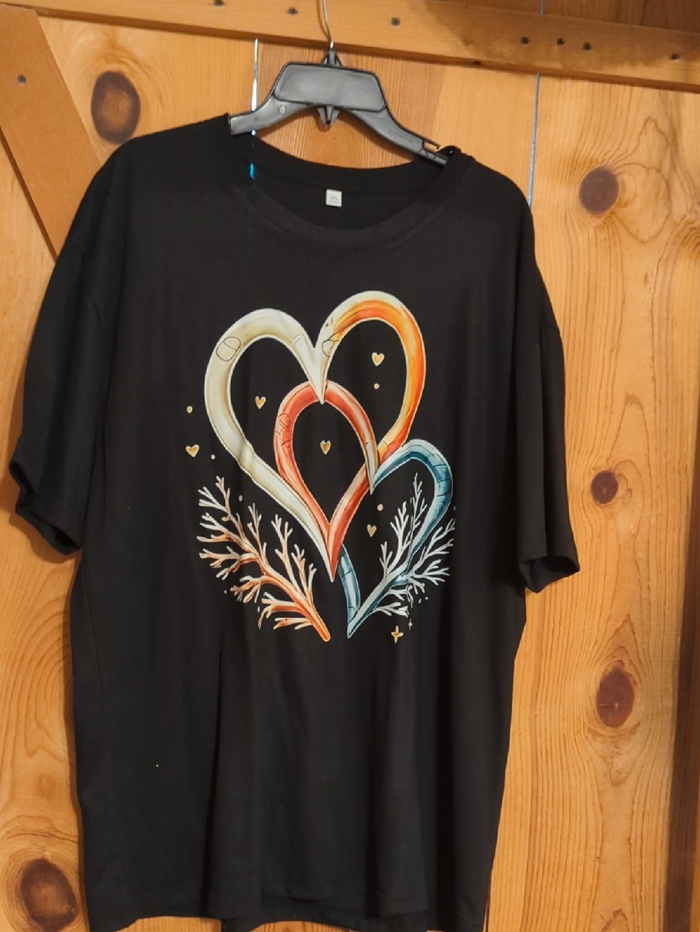 Black Short Sleeve Tee with Multicolor Heart Graphic